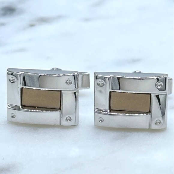 Unbranded Other - 925 Silver Trim & 14K Gold Center Rectangle Elegant Formal Whale Back Cufflinks